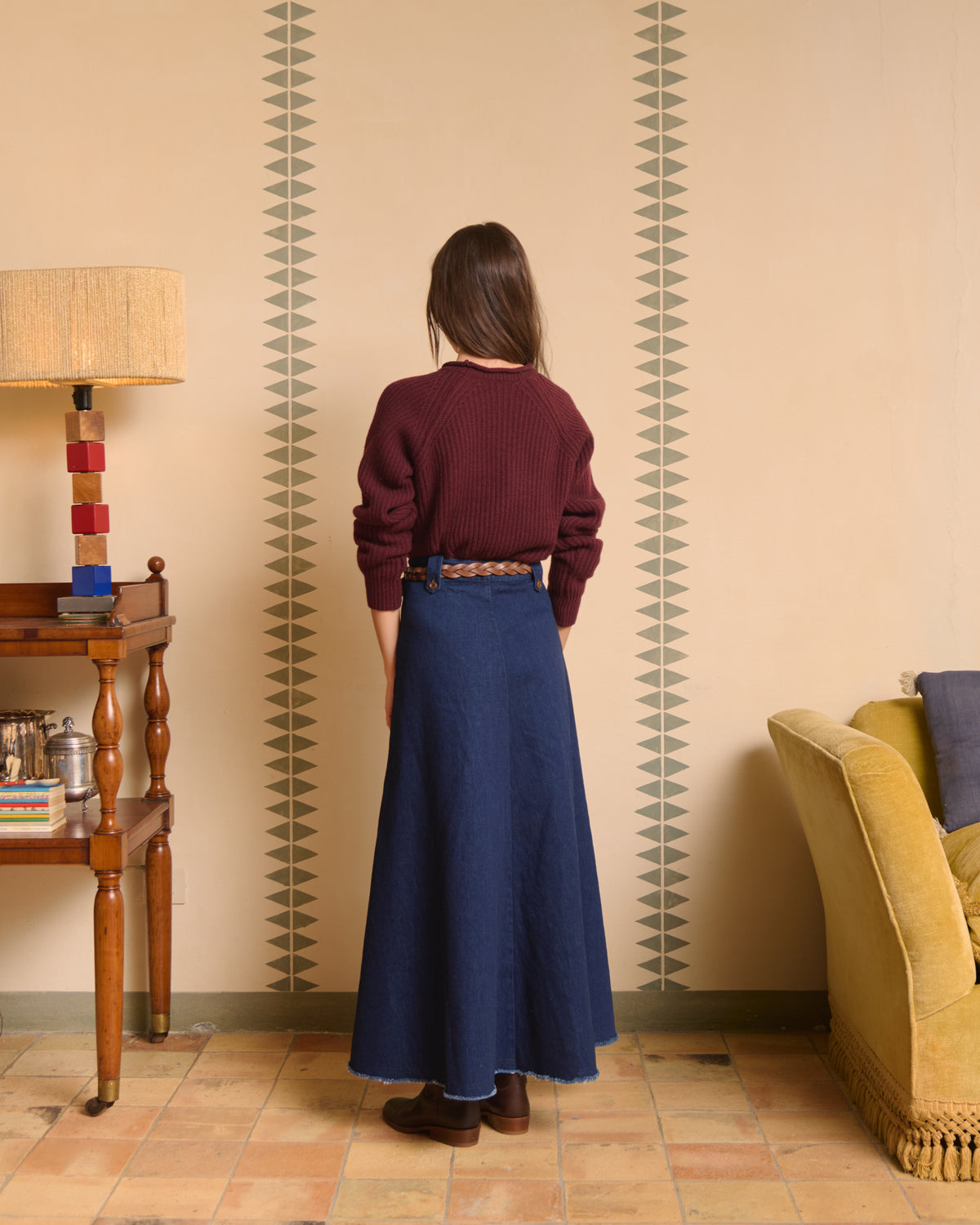 Gonna jeans lunga blu navy, retro con passanti e bottoni in corozo