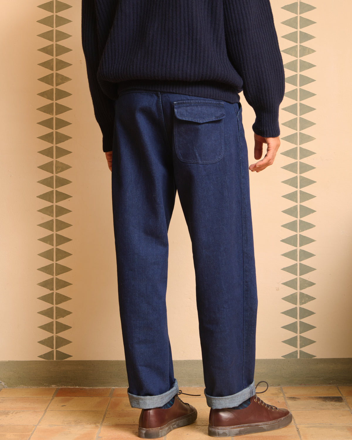 Pantalone Corso denim uomo, retro con tasca a patta