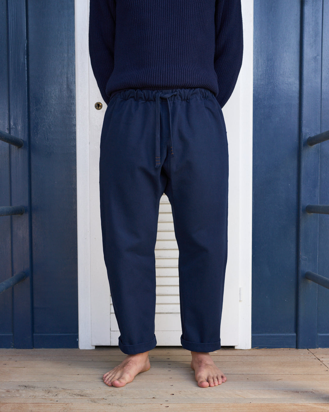 Pantalone da lavoro giapponese uomo blu, risvoltato alla caviglia