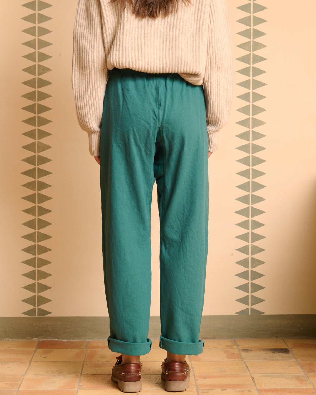 Pantalone giapponese donna in fustagno acqua marina, retro